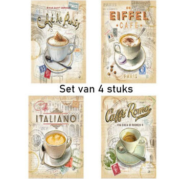 Allernieuwste.nl® SET van 4 st Canvas Schilderij - Internationale Koffie - CafÃƒÂ© * - Kunst aan je Muur - Kleur - SET 4x 40 x 60 cm