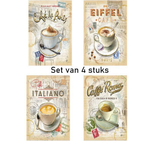 Allernieuwste.nl® SET van 4 st. Canvas * Internationale Koffie - CafÃ© * - Kunst aan je Muur - Kleur - SET 4x 40 x 60 cm