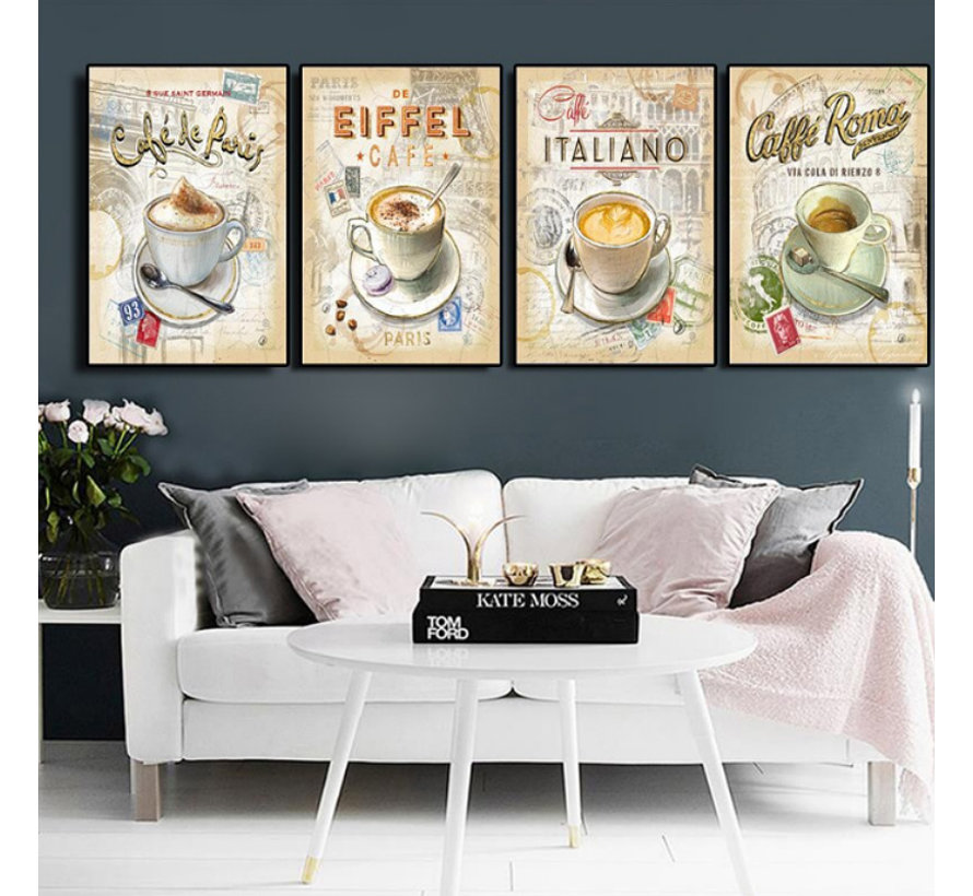 SET van 4 st. Canvas * Internationale Koffie - CafÃ© * - Kunst aan je Muur - Kleur - SET 4x 40 x 60 cm
