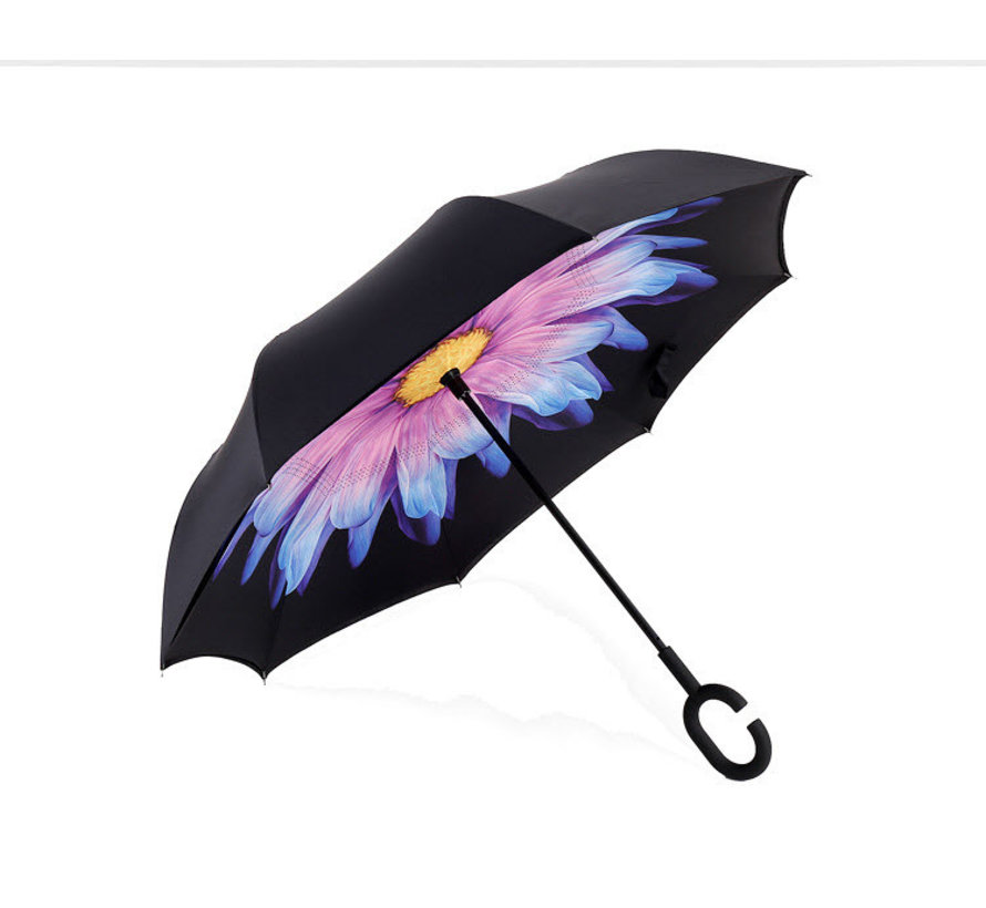 Smartplu - Grote Storm Paraplu - Zwart met Paarse Bloem. De omkeerbare innovatieve, ergonomische stormparaplu - 105cm - parapluie - 12288-E