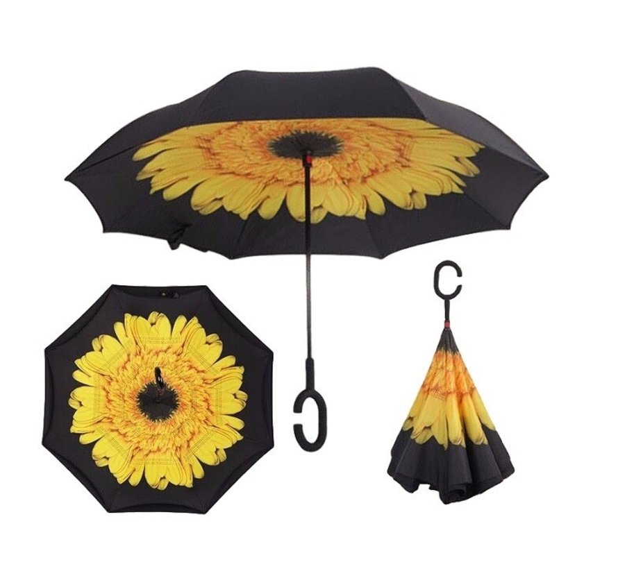 Smartplu - Grote Storm Paraplu - Zwart met Gele Bloem. De omkeerbare innovatieve, ergonomische stormparaplu - 105cm - parapluie - 12288-F