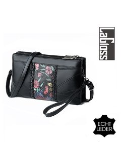 LaGloss® Echt Lederen Zwarte Damestas Bloemen Print 1 -Clutch - 23 x 14 cm