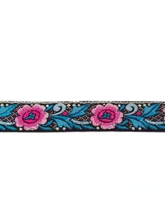 Allernieuwste.nl® 6,5meter - SIERBAND GEWEVEN BLOEM 2,5cm breed - BLAUW/ZWART -  versieren - knutselen - knutselwerk - naaien - lint - stof - applicatie - afwerkband - home deco