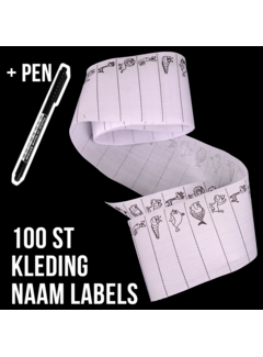 Allernieuwste.nl® Allernieuwste Set Textiel Naam Labels Dieren - Wasbare Kleding Etiketten - Kinderkleding Naam Tags - Opstrijk Naamlabels - SET 100 Stuks + Pen Zwart