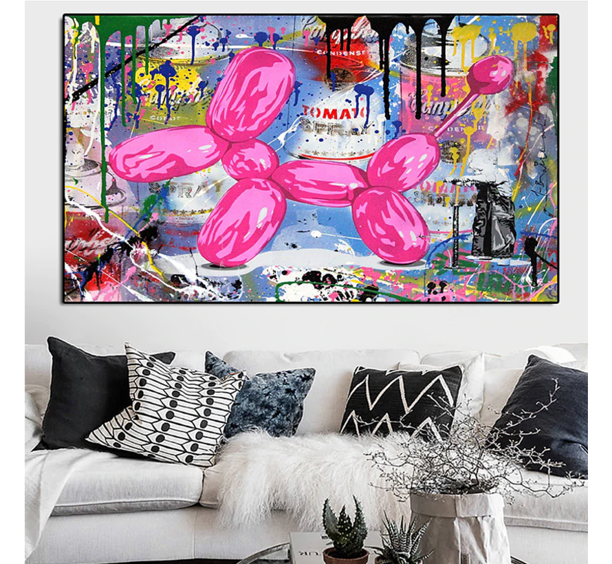 Allernieuwste.nl® Canvas Schilderij Graffiti Ballon Hond - Modern Graffitti Streetart - Kleur - 50 x 70 cm