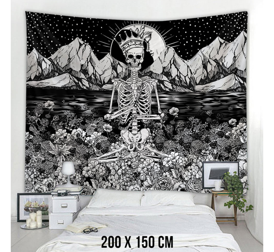 Allernieuwste® Koning Skelet Urban Loft XL Wandkleed Groot Wandtapijt Wanddecoratie Minimalisme Muurkleed Tapestry - Zwart Wit - 200 x 150 cm