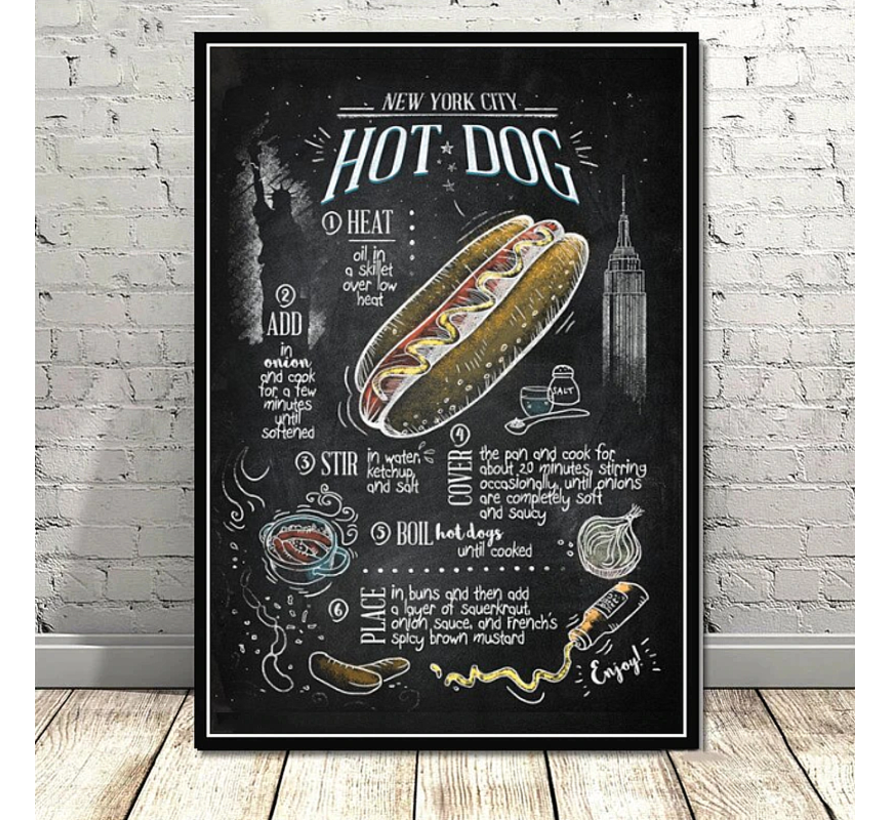 Allernieuwste.nl® Canvas Schilderij Retro HOT DOG Recept - Vintage Restaurant - Kleur - 50 x 70 cm