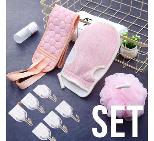 Allernieuwste.nl® Allernieuwste SET Roze 4-delig Luxe Scrub Bad Douche Pakket Massage Spa Rug Washandje Bol Huidverzorging Badkamer - Geschenkset 4 delig ROSE