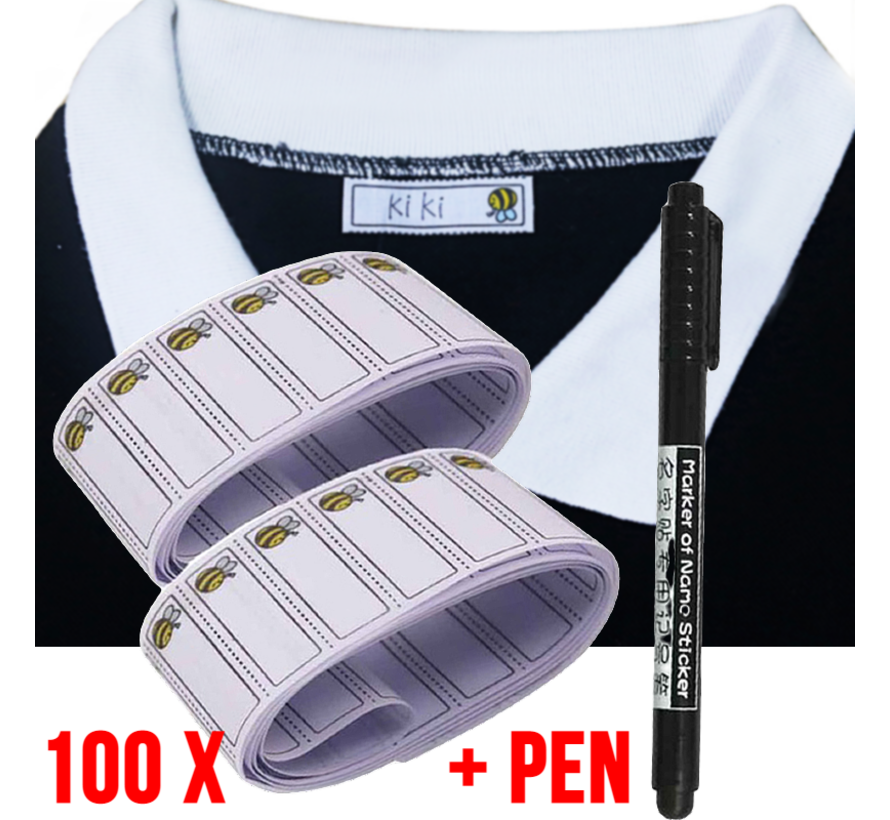 LaGloss® Set Textiel Naam Labels GELE BIJ - Wasbare Kleding Etiketten - Kinderkleding Naam Tags - Opstrijk Naamlabels - SET 100 Stuks + Pen Zwart