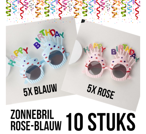 Allernieuwste.nl® Allernieuwste 10 stuks Happy Birthday Zonnebrillen MIX - Kinderfeestje - Kinderverjaardag - Uitdeelcadeautje - Weggeefartikel - Verrassing - BLAUW 5x en ROSE 5x