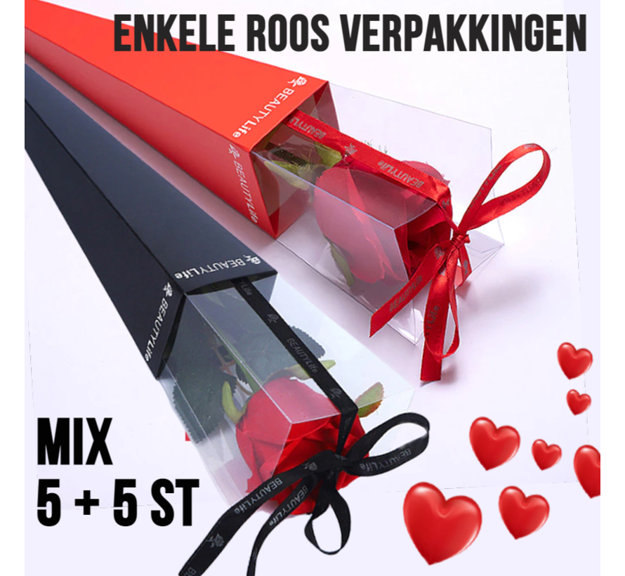 Allernieuwste 10 STUKS Luxe ROOS Verpakkingen MIX ZWART + ROOD - Valentijn Rozen Gift - Enkele Roos Display Doos - 40 x 7 cm