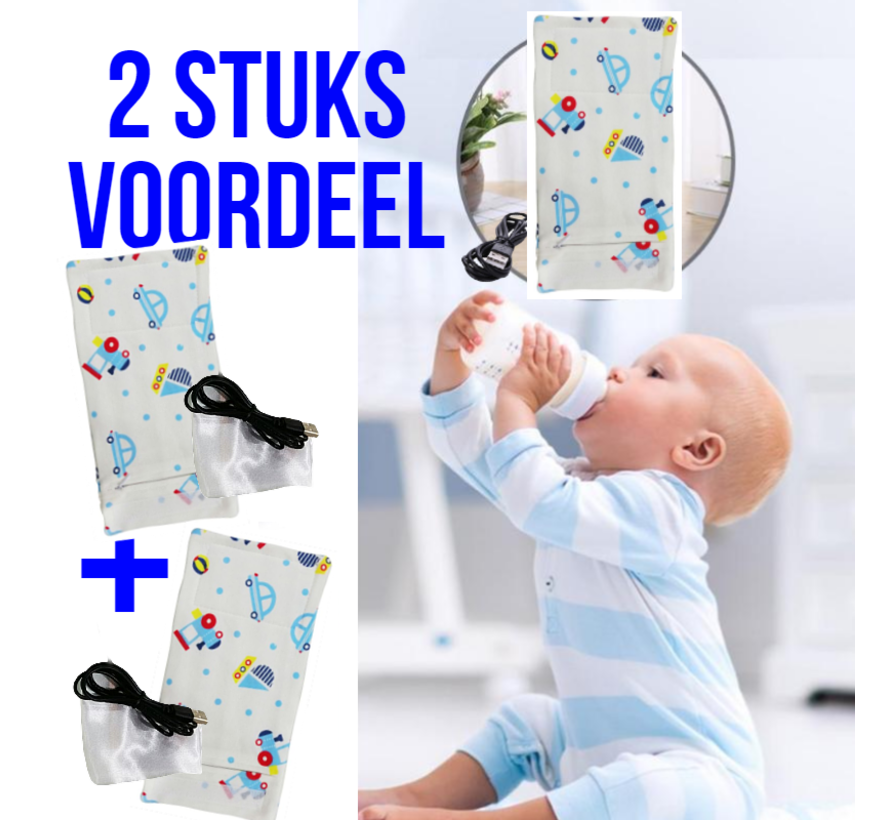 Allernieuwste 2 STUKS USB Baby Fles Warmer model Blauwe Auto's - Heater - Reisaccessoire - Draagbaar - Klittenband - Kleur