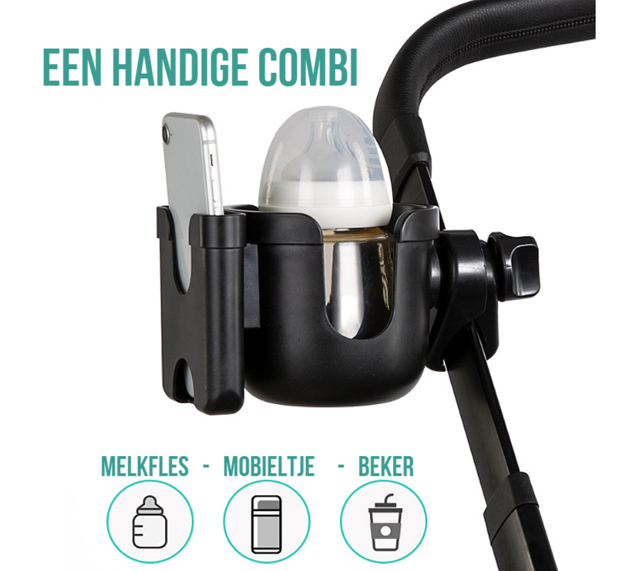 Allernieuwste Universele Bekerhouder PLUS Telefoonhouder Voor Kinderwagen, Buggy en Fiets - Kinderwagen Accessoires - Combi 2-in-1 - ZWART