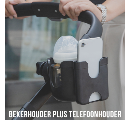 Allernieuwste.nl® Allernieuwste Universele Bekerhouder PLUS Telefoonhouder Voor Kinderwagen, Buggy en Fiets - Kinderwagen Accessoires - Combi 2-in-1 - ZWART