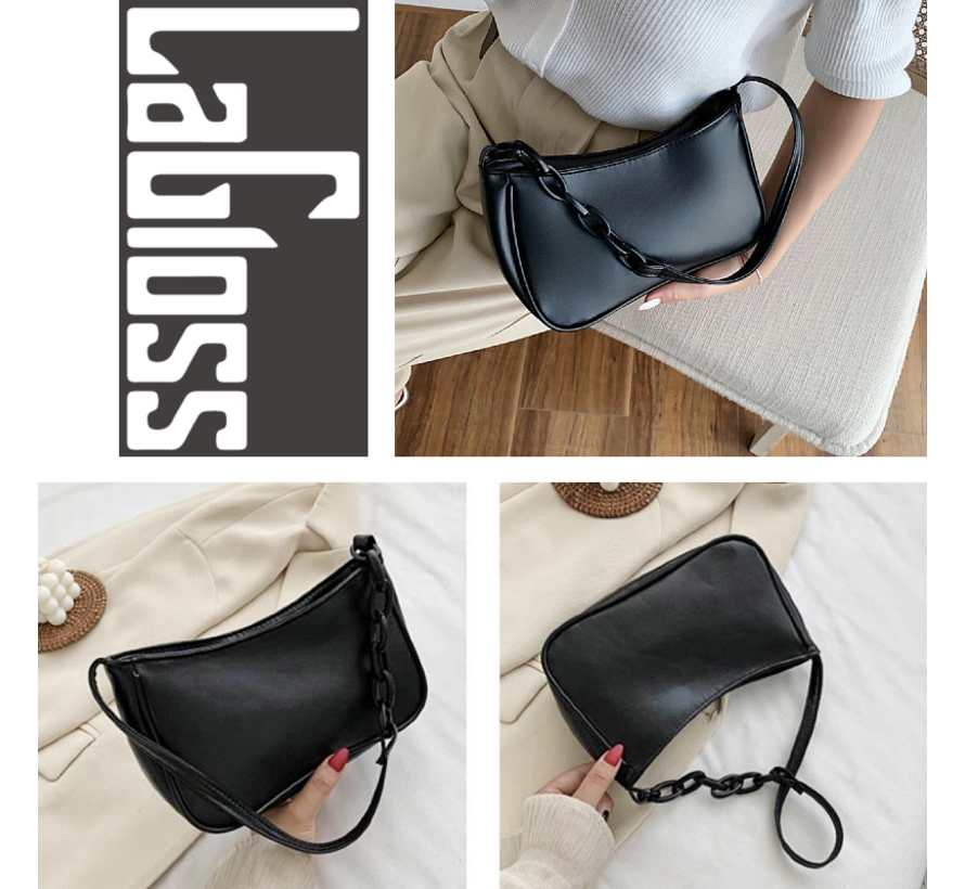 Design Schoudertas met Opvallende Kettingriem - Modetas - 23.5 x 13 x 7 cm - Kleur Zwart