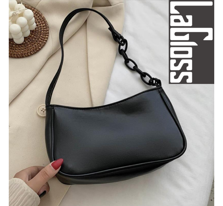 Design Schoudertas met Opvallende Kettingriem - Modetas - 23.5 x 13 x 7 cm - Kleur Zwart