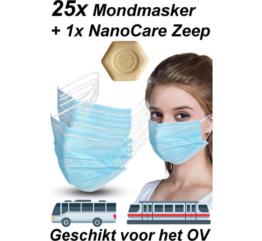 25x Mondkapjes gemaakt van 100% Katoen ✅+ 1x Nanocare® Zilver Handzeep | Wasbaar – Mondmasker – Mondkapje – Niet Medisch Mondkapjes - Face Mask - Mond Masker - Mouth Mask - Mond Kapjes - Geschikt voor OV: Trein of Bus | 25 Stuks Mondmaskers |