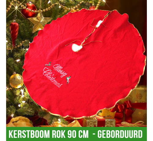 Allernieuwste.nl® Allernieuwste KerstboomROK Geborduurd - Rond Kerstboomkleed onder de Kerstboom - Decoratie Kleed Kerst - Rood met Gouden Bies - 90 cm