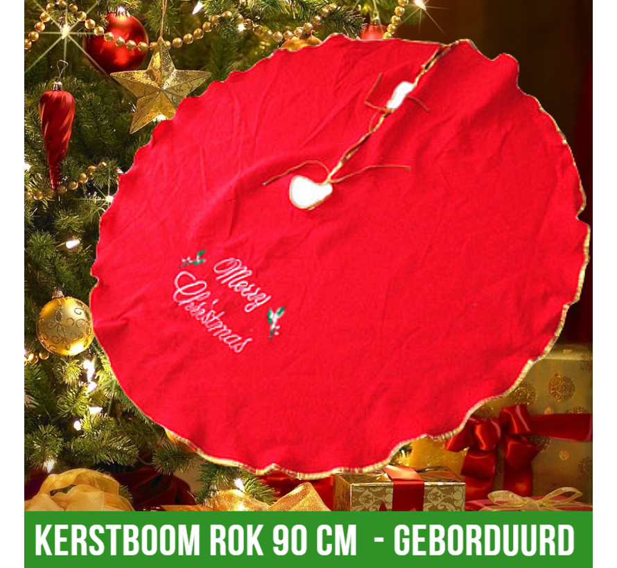 Allernieuwste KerstboomROK Geborduurd - Rond Kerstboomkleed onder de Kerstboom - Decoratie Kleed Kerst - Rood met Gouden Bies - 90 cm