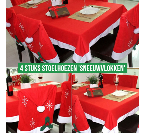 Allernieuwste.nl® Allernieuwste® 4 Stuks LUXE Kerst Stoelhoezen Sneeuwvlok - Kerstmuts Stoel Decoratie - Kerstmis Diner Stoelversiering Cover - Rugleuninghoes Stoelhoes - 65x50cm Rood-Wit-groen