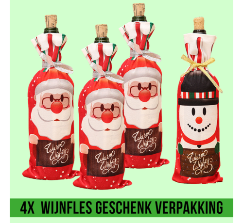 Allernieuwste.nl® Allernieuwste® SET van 4 STUKS Wijn Fles Hoes Zak KERST van Stof Kerstcadeau Wijnfles Verpakking - Luxe Wijn Geschenkzak Wijnzak Wijnhoes Kerstdagen - Wijn Kado Kerstmis - SET 4 STUKS