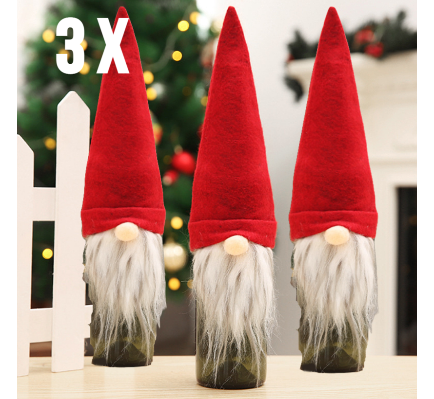 Allernieuwste® SET van 3 STUKS Wijn Fles Hoes Zak Kabouter van Stof Kerst Cadeau Wijnfles Verpakking - Kerst Wijn Geschenkzak Wijnzak Wijnhoes Kerstdagen - Wijn Kado Kerstmis - SET 3 STUKS - Rood