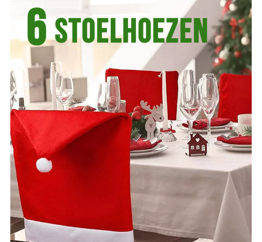 Allernieuwste® 6 stuks Kerst Stoelhoezen - Kerstmuts Stoel Decoratie - Kerstmis Diner Stoelversiering Cover - Rugleuninghoes Stoelhoes - 62x50cm Rood en Wit