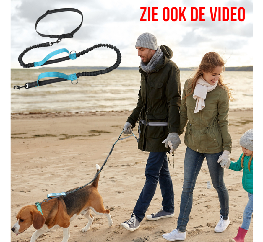 Allernieuwste® Elastische Hondenriem 2-in-1 HANDSFREE voor Hardlopen Shoppen en Wandelen - Honden Riem 160/260 cm - Blauw Zwart
