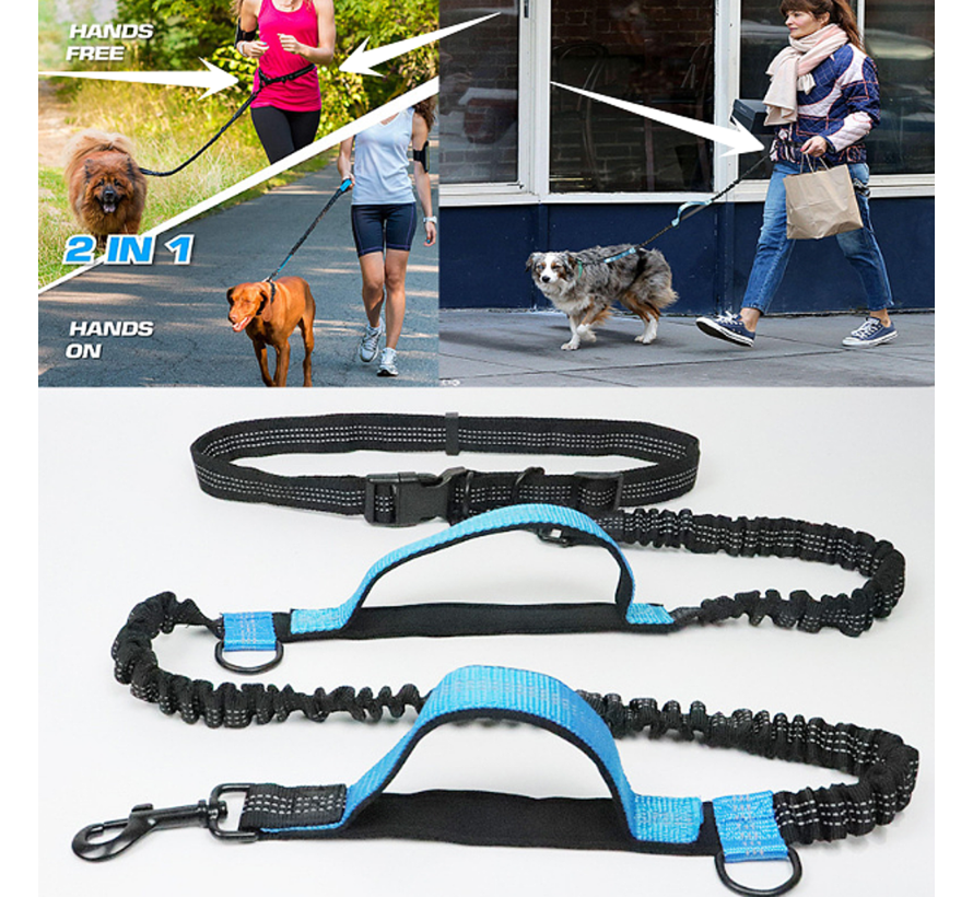 Allernieuwste® Elastische Hondenriem 2-in-1 HANDSFREE voor Hardlopen Shoppen en Wandelen - Honden Riem 160/260 cm - Blauw Zwart