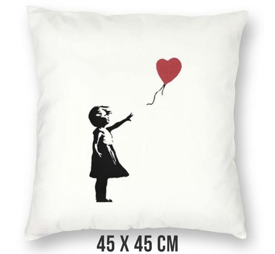 Allernieuwste® Kussen Banksy Grafitti Girl with Balloon - Kussenhoes polyester peach skin Perzikhuid - Banksy Kussenovertrek - Kleur 45 x 45 cm