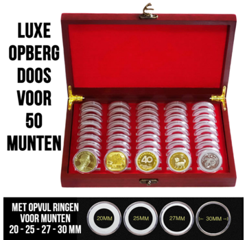 Allernieuwste.nl® Luxe Houten Box 50 stuks Universele MUNTcapsules Ø 30mm tot Ø 20mm met 50 Zachte BINNENRINGEN