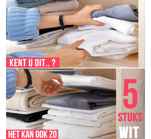 Allernieuwste.nl® Allernieuwste Set 5 STUKS T-shirt Kleding Opbergsysteem WIT Kast Organizer - Ruimtebesparing Kledingkast Opberger - 32 x 26 xm - SET 5x kleur: WIT