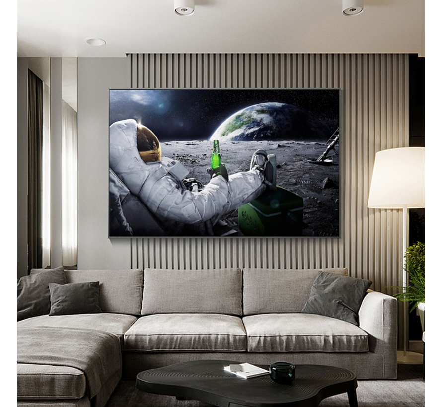 Allernieuwste® Canvas Schilderij Astronaut op de Maan met Biertje - kleur - 40 x 80 cm