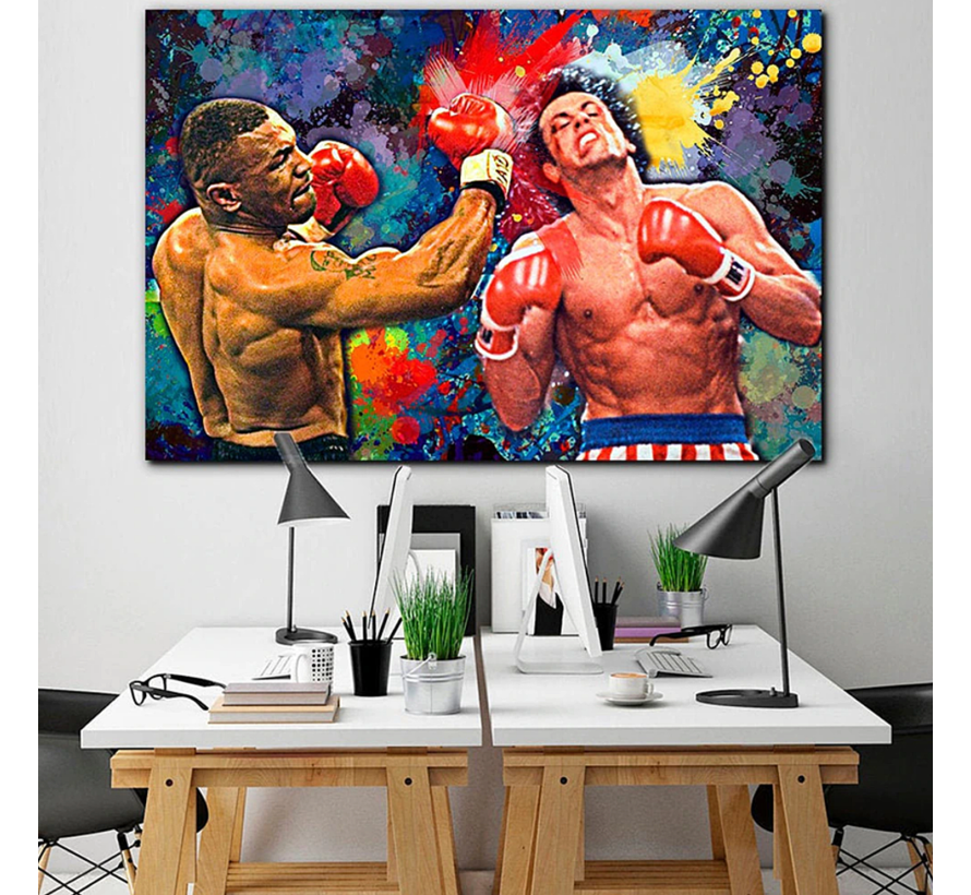 Allernieuwste® Canvas Schilderij Boksers Mike Tyson vs Rocky - Sport Boksen - Film - Graffiti - 70 x 100 cm