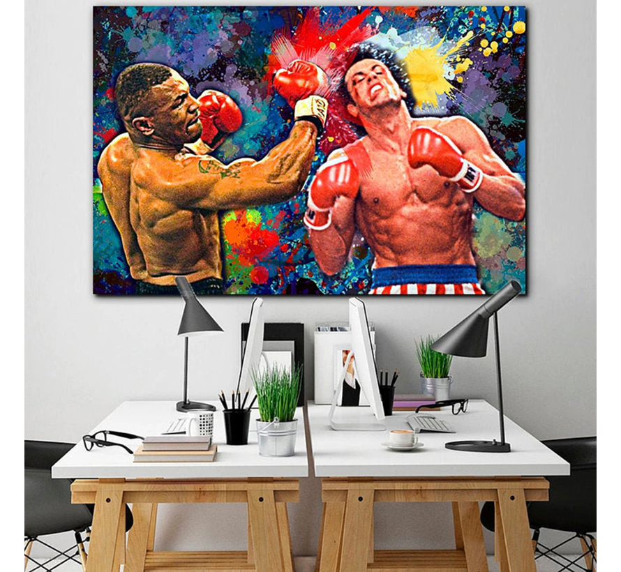 Allernieuwste.nl® Canvas Schilderij Boksers Mike Tyson vs Rocky - Sport Boksen - Film - Graffiti - 70 x 100 cm