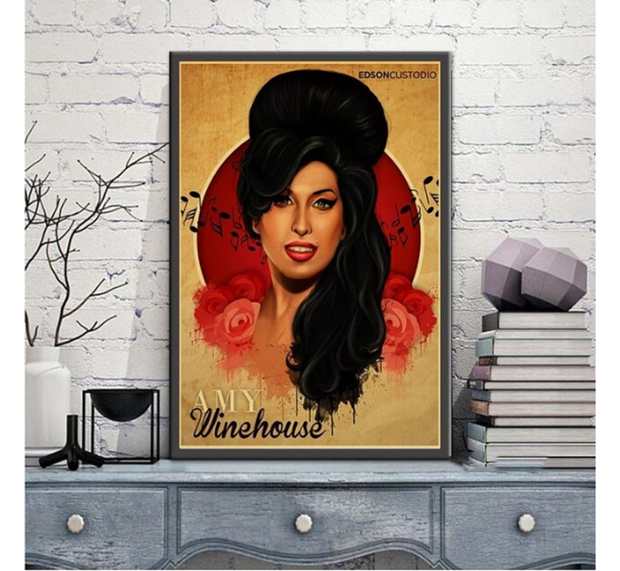 Allernieuwste.nl® Canvas Schilderij Amy Winehouse Zangeres - Vintage - Muziek - kleur - 50 x 75 cm