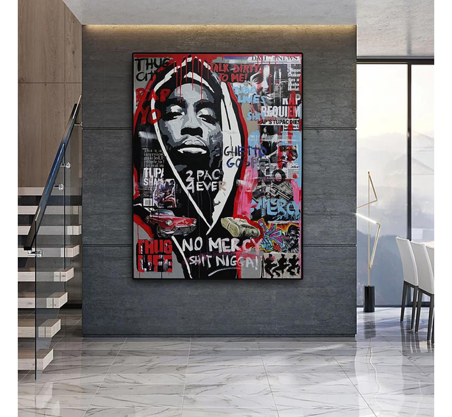 Allernieuwste.nl® Canvas Schilderij Tupac Shakur - 2PAC - Rapper Hip Hop - Kleur Graffiti - 50 x 70 cm