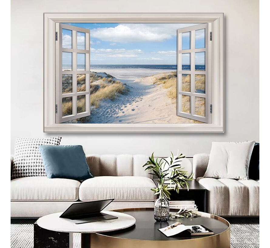 Allernieuwste.nl® Canvas Schilderij Extra Venster met Uitzicht op het Strand - Kleur - Realistische Muurversiering XL - 80 x 120 cm