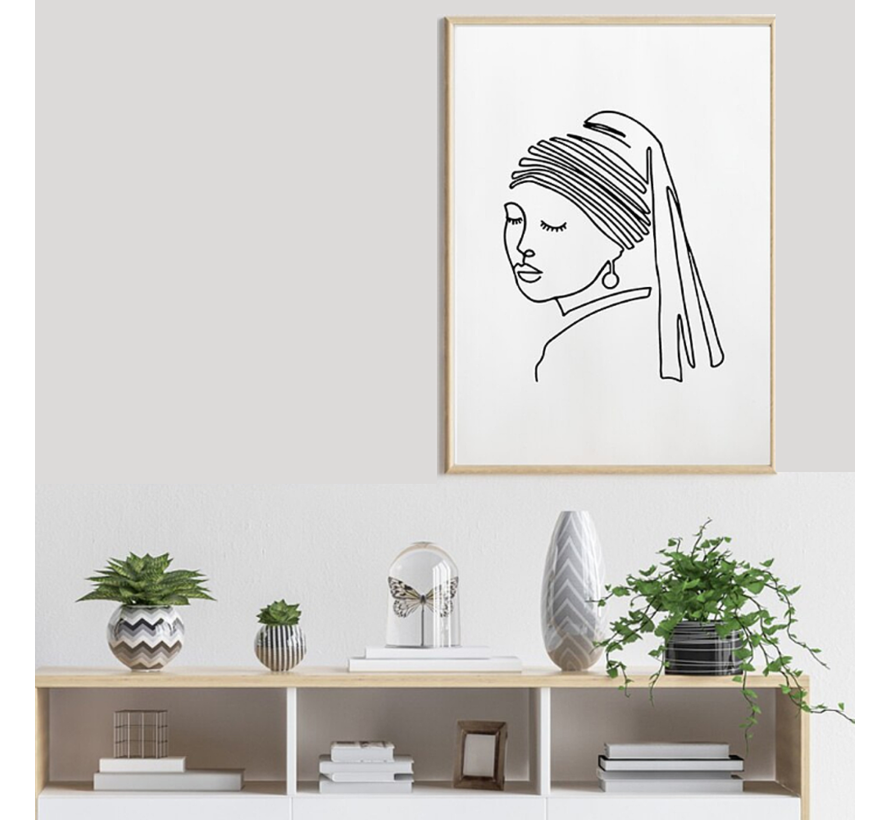 Allernieuwste.nl® Canvas Schilderij Johannes Vermeer Meisje met de Parel - Grafisch Minimalisme - Zwart Wit - 50 x 70 cm