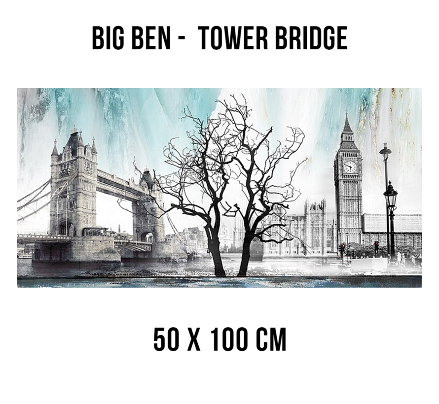 Allernieuwste.nl® Canvas Schilderij Big Ben Tower Bridge Engeland - kleur - 50 x 100 cm
