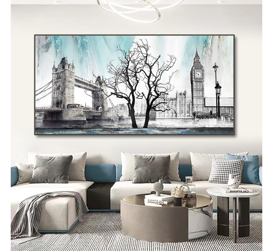 Allernieuwste.nl® Canvas Schilderij Big Ben Tower Bridge Engeland - kleur - 50 x 100 cm