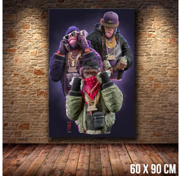 Allernieuwste.nl® Canvas Schilderij 3 HipHop Apen GangsterArt Hip Hop - 60 x 90 cm