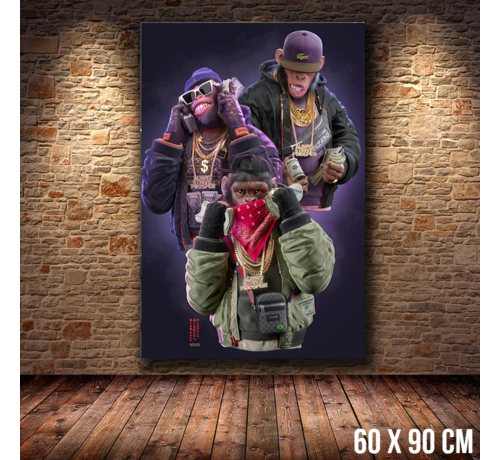 Allernieuwste.nl® Allernieuwste.nl® Canvas Schilderij 3 HipHop Apen GangsterArt Hip Hop - Modern Grafitti - kleur - 60 x 90 cm