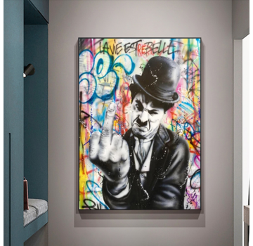 Allernieuwste.nl® Canvas Schilderij Charlie Chaplin Middelvinger - 50 x 70 cm