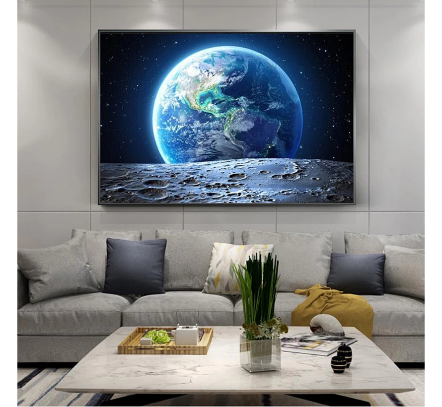 Allernieuwste.nl® Canvas Schilderij Onze Planeet Aarde Vanaf De Maan - Heelal - kleur - 70 x 100 cm