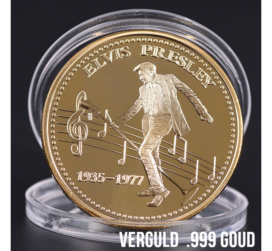 Allernieuwste.nl® Elvis Presley Herdenkingsmunt Geluksmunt Verguld Cadeau - The Legend Geschenk Idee - Goud Verguld - Ø 40 mm