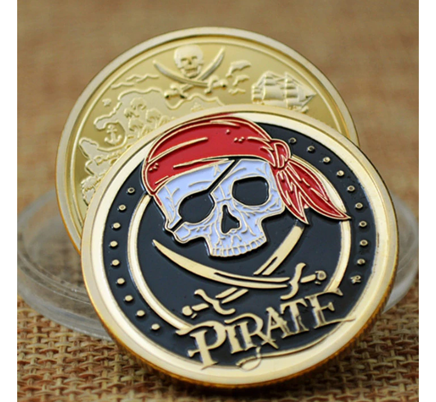 Allernieuwste.nl® Piraten Munt Verguld Cadeau - Geschenk Idee Piraat - Piratenmunt Verguld - Ø 32 mm