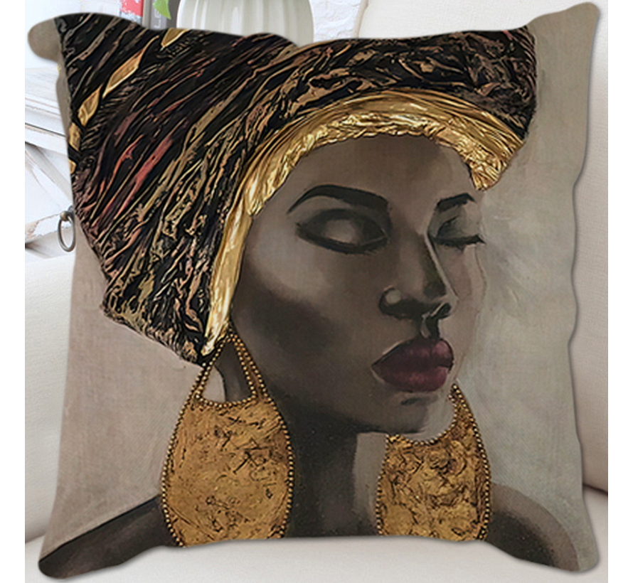 Allernieuwste.nl® Kussen Gouden Afrikaanse Vrouw - Kussenhoes polyester peach skin Perzikhuid - Kussenovertrek - Kleur Zwart Goud 45 x 45 cm