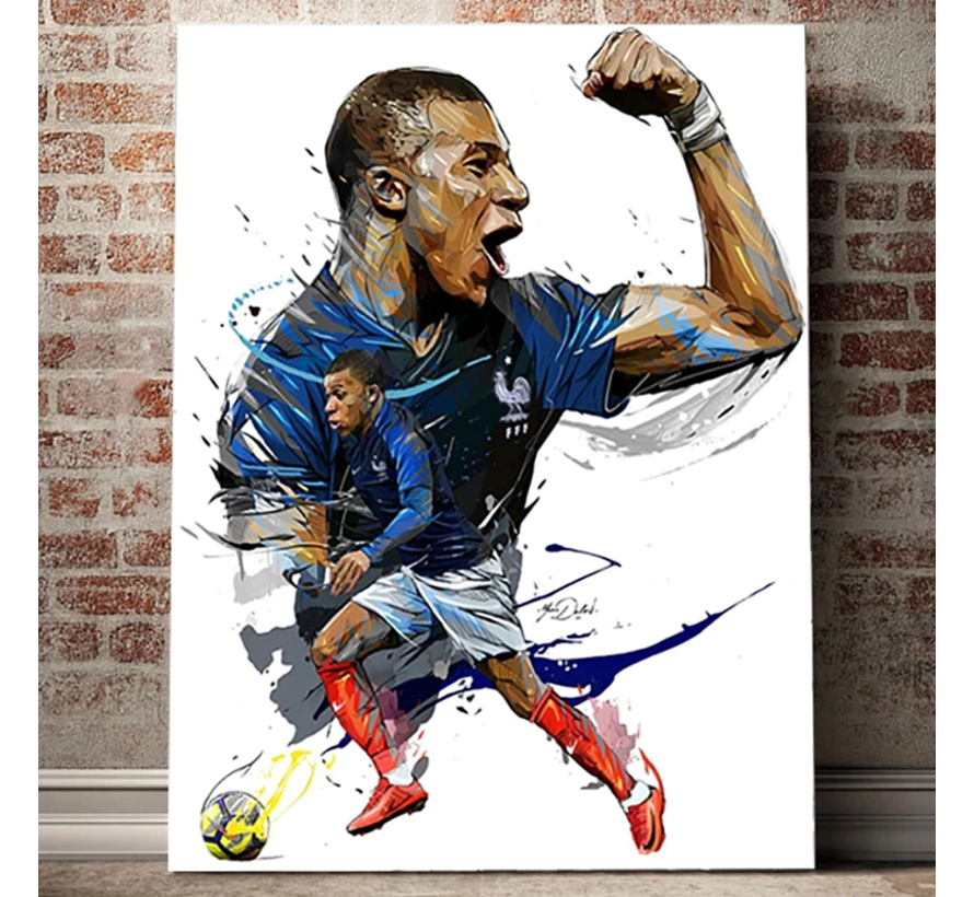 Allernieuwste.nl® Canvas Schilderij - Voetbaltopper Kylian MbappÃ© - Voetbal Soccer - kleur - 50 x 70 cm