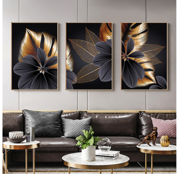 Allernieuwste.nl® Canvas Schilderij Abstracte Zwarte Gouden Plant 3-luik- 50 x 70 cm